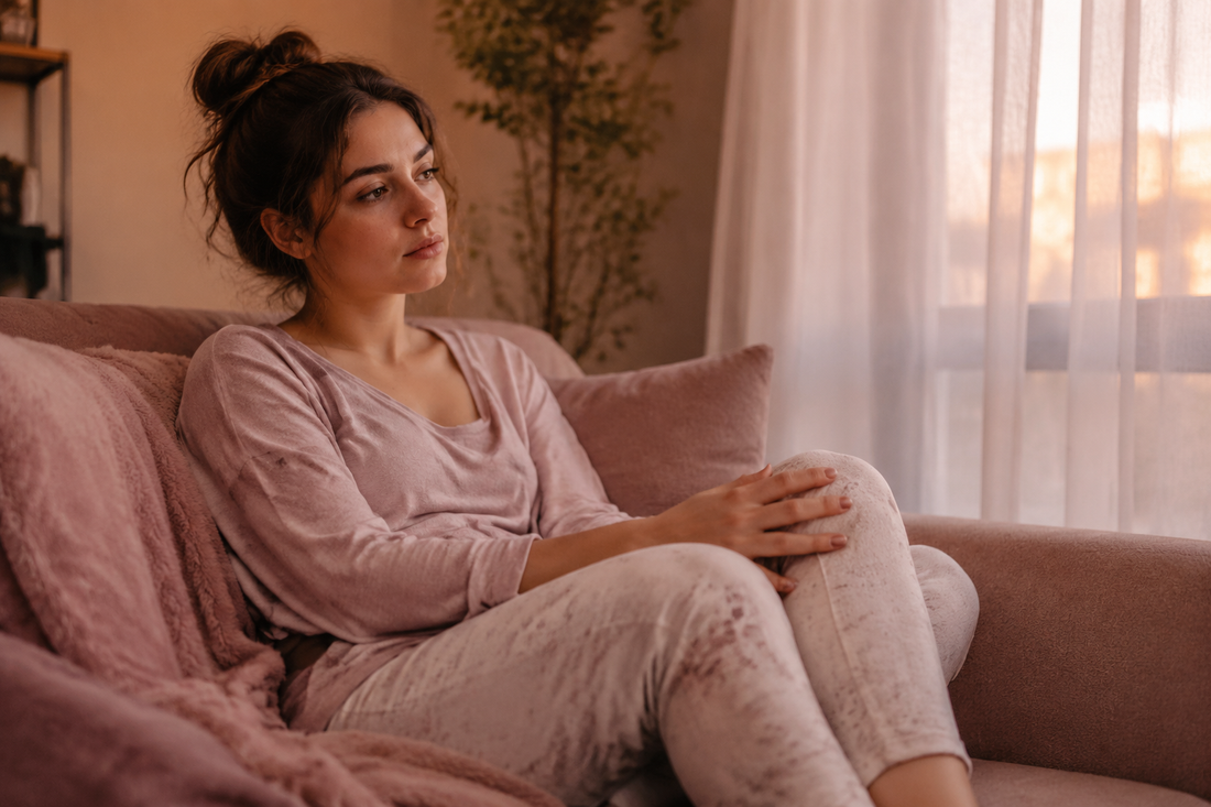 Femme fatiguée en soirée se tenant les jambes après une longue journée