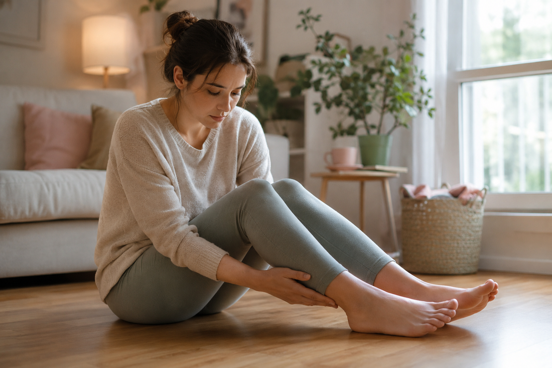 Femme assise regardant ses pieds gonflés après une longue journée