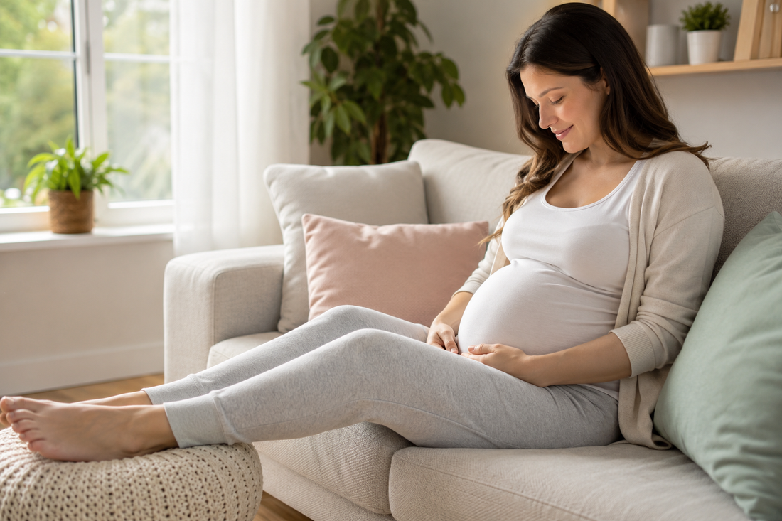 Femme enceinte soulagée les pieds surélevés sur un canapé